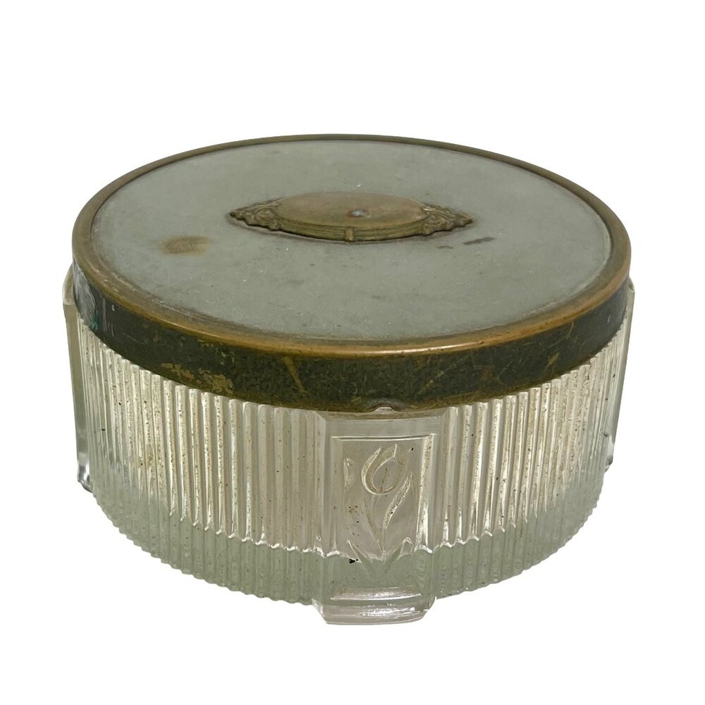 Vintage Cosmetic Trinket Jar MCM Glass Ribbed w/ Metal lid circa 1930's - 50's